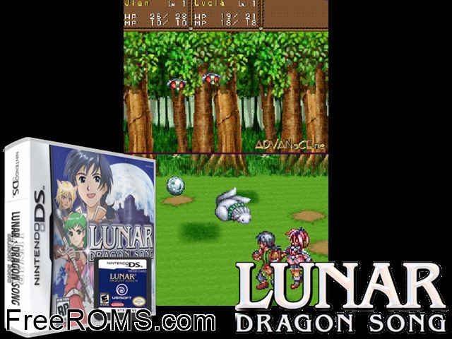 Lunar - Dragon Song NDS game showing 3D box cover and gameplay screenshot