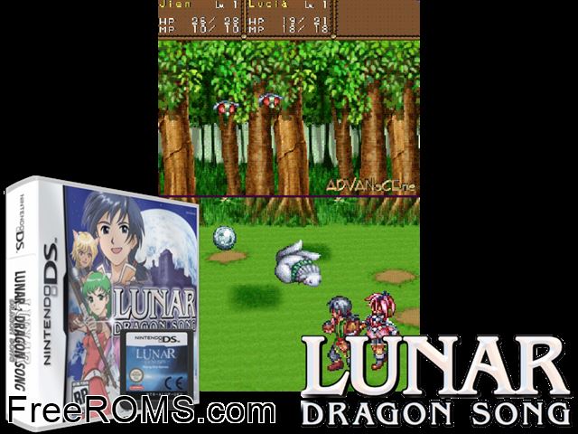 Lunar Genesis Europe NDS game showing 3D box cover and gameplay screenshot