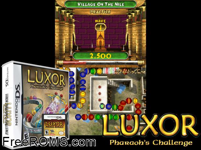 Luxor - Pharaohs Challenge NDS game showing 3D box cover and gameplay screenshot