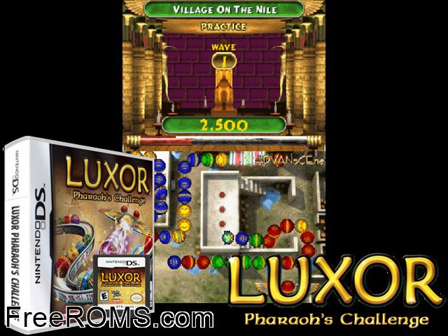 Luxor - Pharaohs Challenge Europe NDS game showing 3D box cover and gameplay screenshot