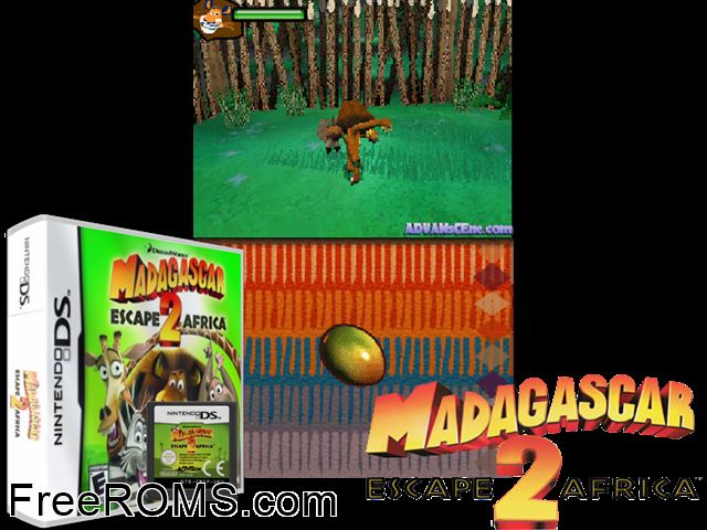 Madagascar - Escape 2 Africa NDS game showing 3D box cover and gameplay screenshot