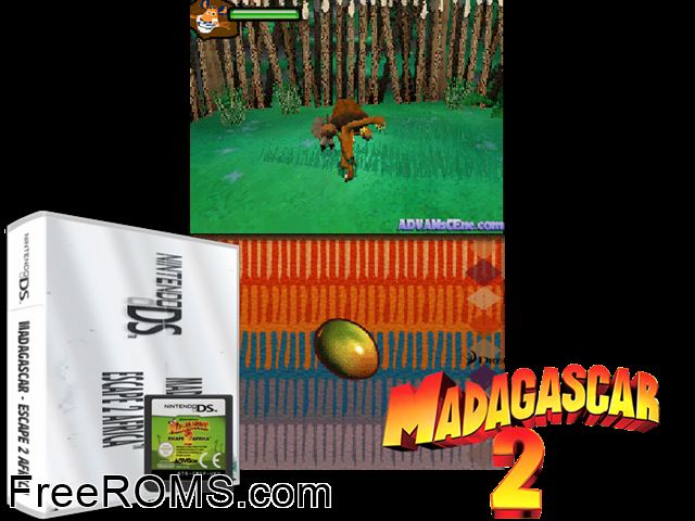 Madagascar - Escape 2 Africa Europe NDS game showing 3D box cover and gameplay screenshot