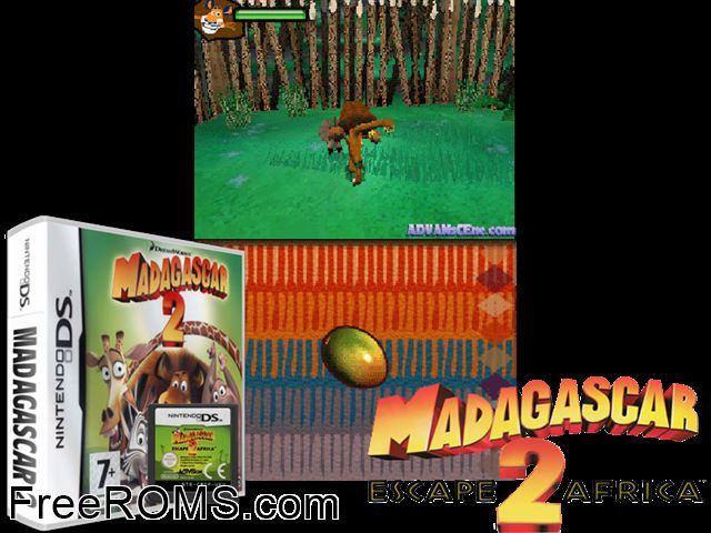Madagascar 2 France NDS game showing 3D box cover and gameplay screenshot