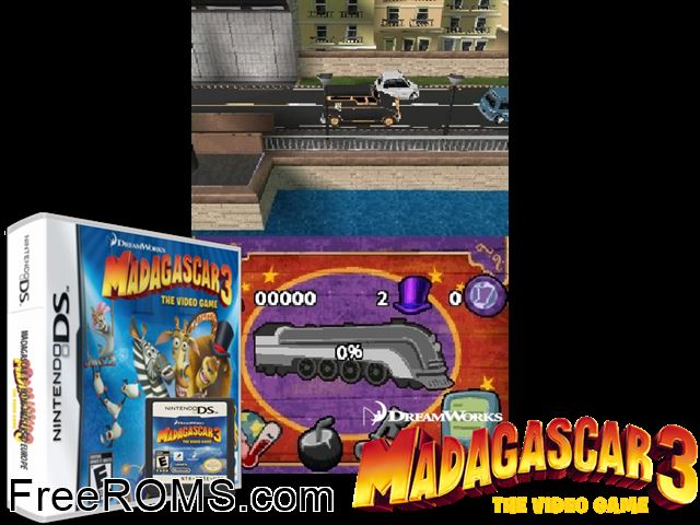 Madagascar 3 - Europes Most Wanted Europe NDS game showing 3D box cover and gameplay screenshot