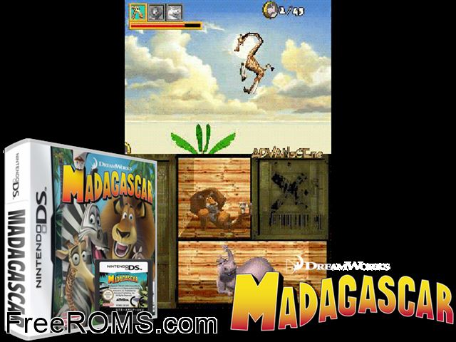 Madagascar Europe NDS game showing 3D box cover and gameplay screenshot