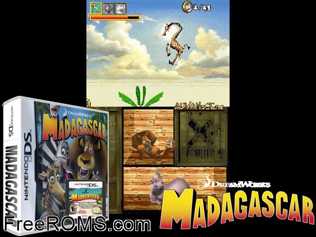 Madagascar France NDS game showing 3D box cover and gameplay screenshot