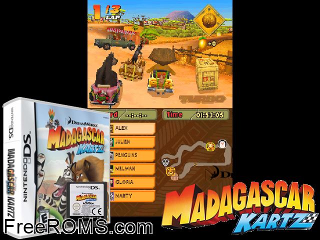 Madagascar Kartz NDS game showing 3D box cover and gameplay screenshot
