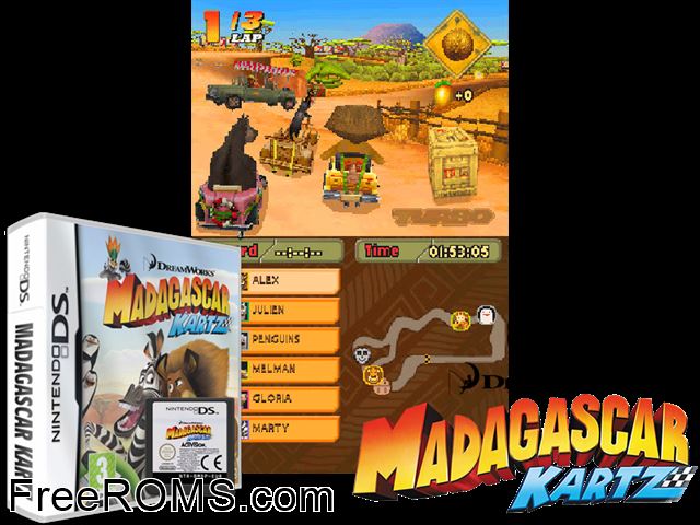 Madagascar Kartz Europe NDS game showing 3D box cover and gameplay screenshot
