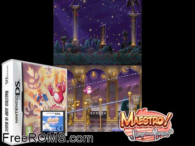 Maestro! - Jump in Music Europe NDS game showing 3D box cover and gameplay screenshot