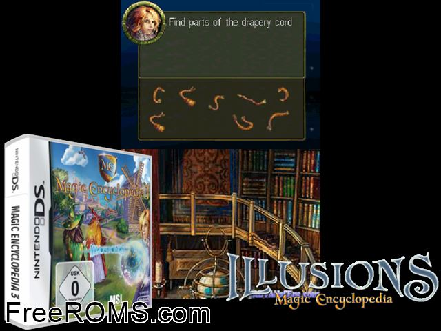Magic Encyclopedia 3 - Illusions Europe NDS game showing 3D box cover and gameplay screenshot