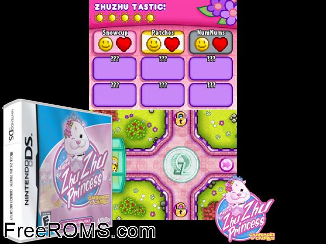 Magical ZhuZhu Princess - Carriages and Castles NDS game showing 3D box cover and gameplay screenshot