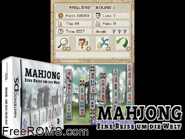 Mahjong - Eine Reise um die Welt Europe NDS game showing 3D box cover and gameplay screenshot