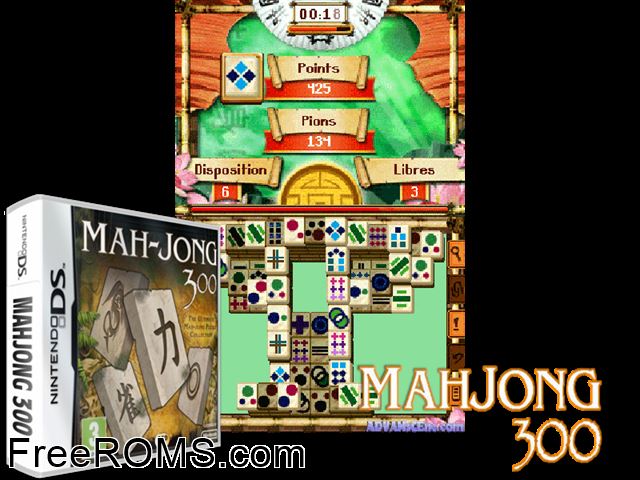 Mahjong 300 Europe NDS game showing 3D box cover and gameplay screenshot