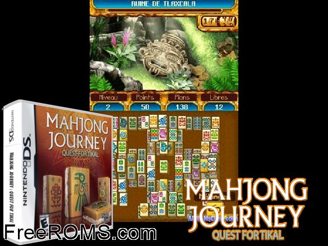 Mahjong Journey - Quest for Tikal NDS game showing 3D box cover and gameplay screenshot
