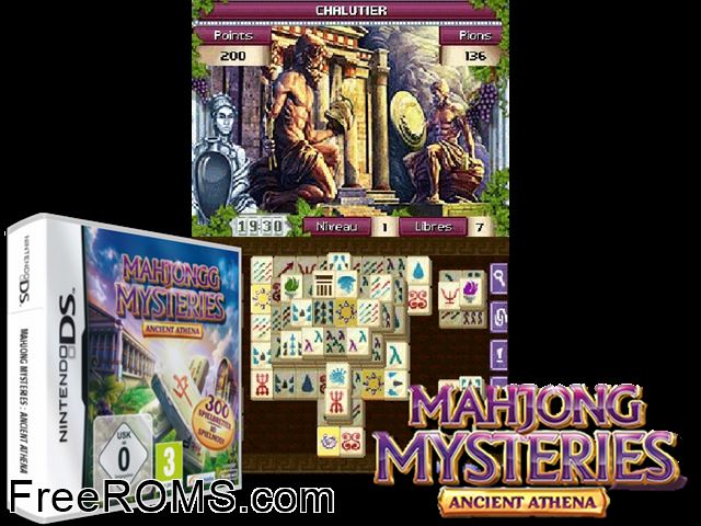 Mahjong Mysteries Ancient Athena Europe NDS game showing 3D box cover and gameplay screenshot