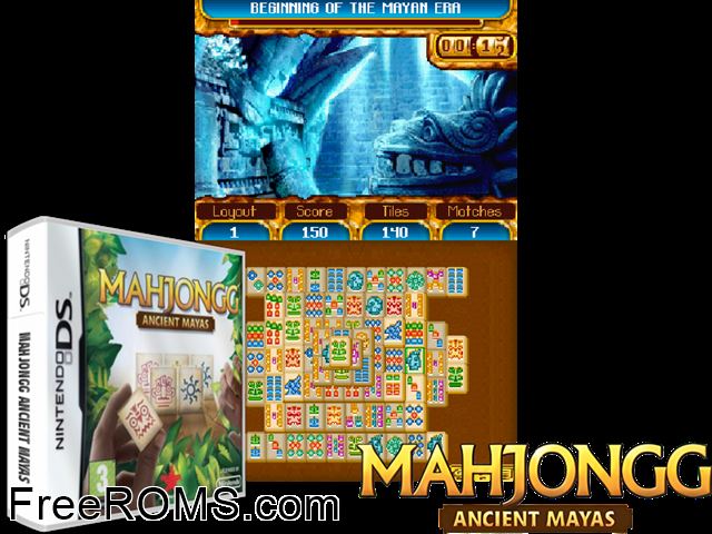 Mahjongg - Ancient Mayas Europe NDS game showing 3D box cover and gameplay screenshot