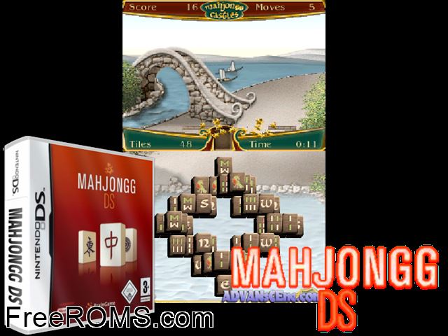 Mahjongg DS Europe NDS game showing 3D box cover and gameplay screenshot