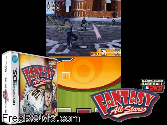 Major League Baseball - 2K9 Fantasy All-Stars NDS game showing 3D box cover and gameplay screenshot
