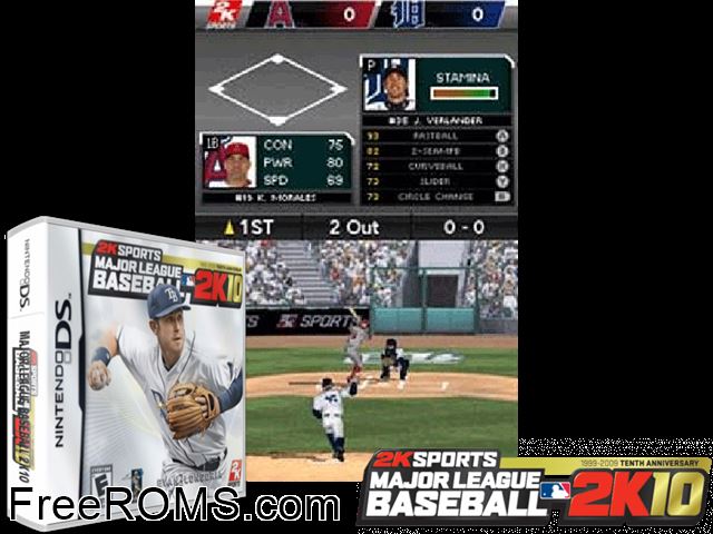 Major League Baseball 2K10 NDS game showing 3D box cover and gameplay screenshot