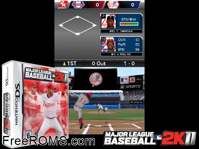 Major League Baseball 2K11 NDS game showing 3D box cover and gameplay screenshot