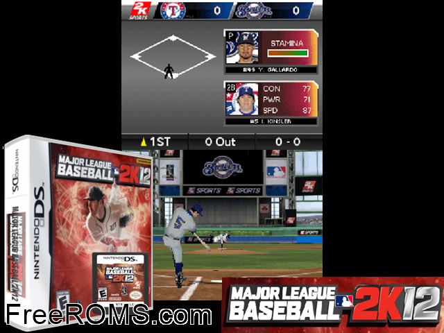 Major League Baseball 2K12 NDS game showing 3D box cover and gameplay screenshot