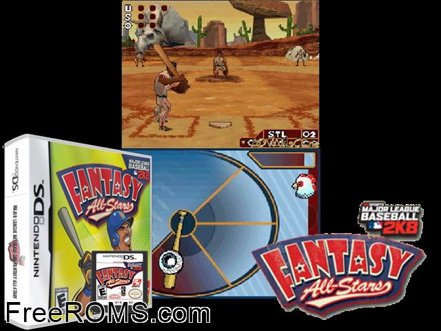 Major League Baseball 2K8 - Fantasy All-Stars NDS game showing 3D box cover and gameplay screenshot