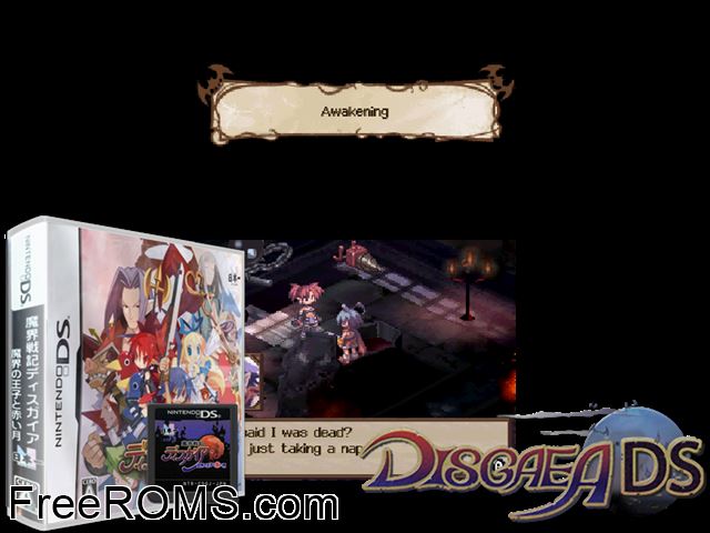 Makai Senki Disgaea - Makai no Ouji to Akai Tsuki Japan NDS game showing 3D box cover and gameplay screenshot