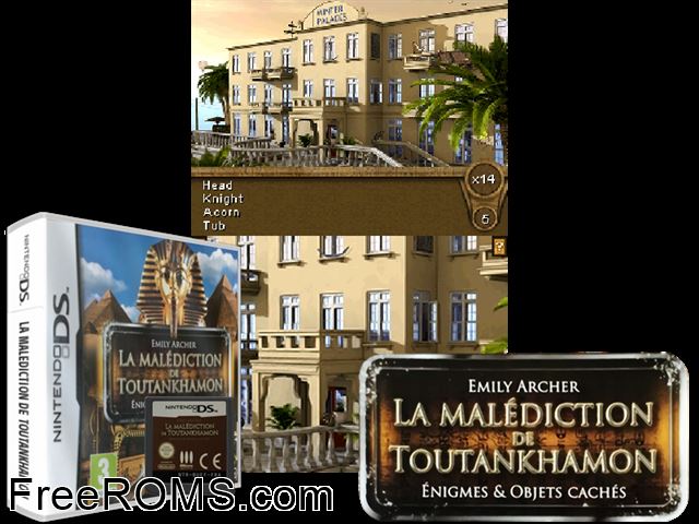 Malediction de Toutankhamon - Enigmes and Objets Caches La France NDS game showing 3D box cover and gameplay screenshot