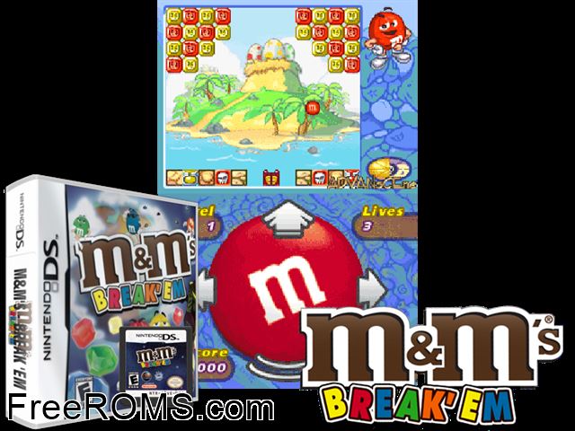 MandMs - Breakem NDS game showing 3D box cover and gameplay screenshot