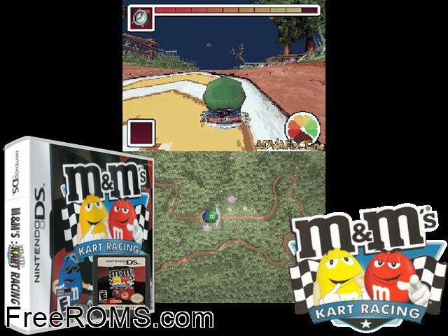 MandMs Kart Racing NDS game showing 3D box cover and gameplay screenshot