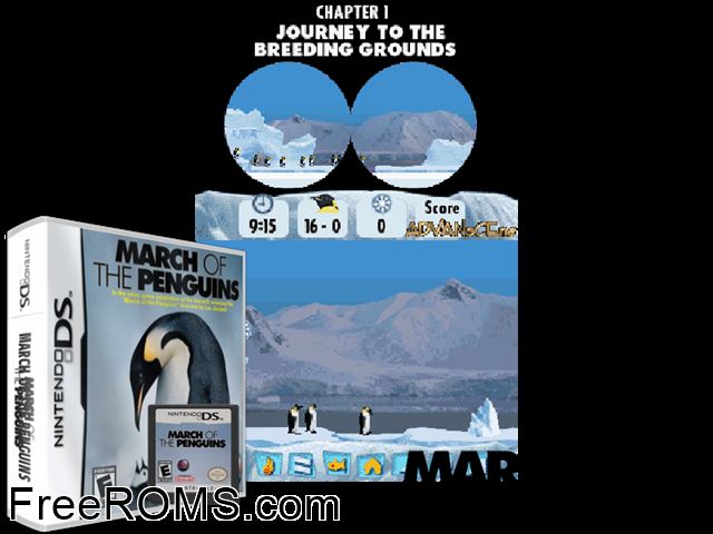 March of the Penguins NDS game showing 3D box cover and gameplay screenshot