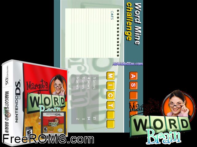 Margots Word Brain Europe NDS game showing 3D box cover and gameplay screenshot