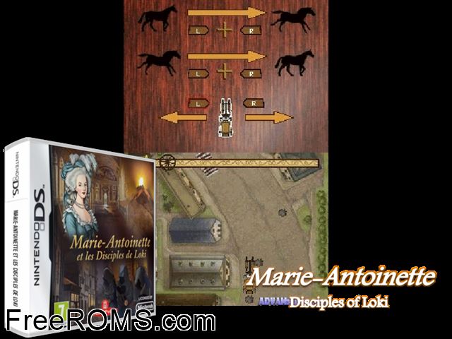Marie-Antoinette and the Disciples of Loki Europe NDS game showing 3D box cover and gameplay screenshot