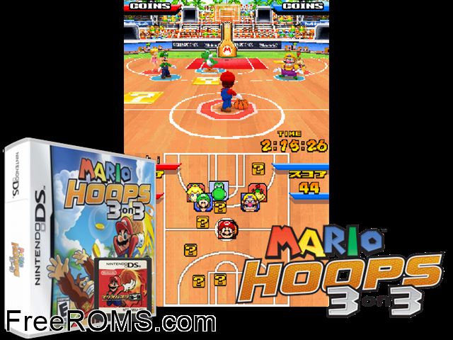 Mario Hoops 3 on 3 NDS game showing 3D box cover and gameplay screenshot