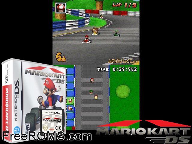 Mario Kart DS NDS game showing 3D box cover and gameplay screenshot