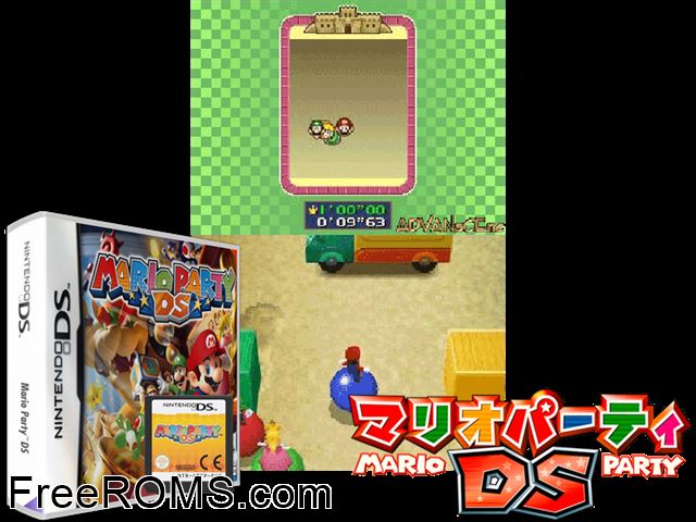 Mario Party DS NDS game showing 3D box cover and gameplay screenshot