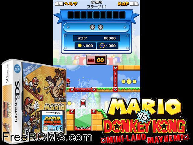 Mario vs Donkey Kong Mini-Land Mayhem NDS game showing 3D box cover and gameplay screenshot