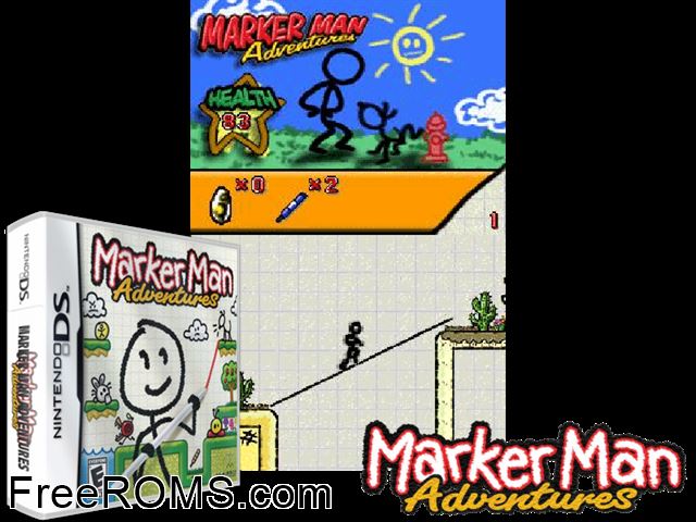 Marker Man Adventures NDS game showing 3D box cover and gameplay screenshot