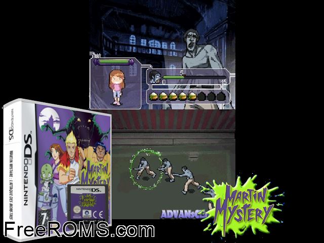 Martin Mystery - Monster Invasion Europe NDS game showing 3D box cover and gameplay screenshot
