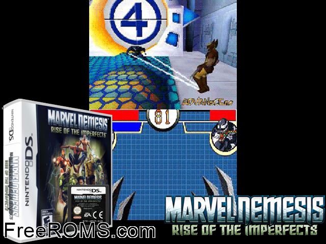 Marvel Nemesis - Rise of the Imperfects NDS game showing 3D box cover and gameplay screenshot