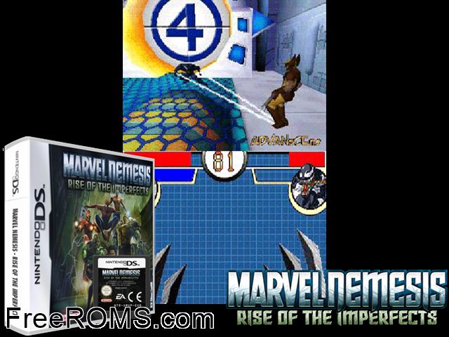 Marvel Nemesis - Rise of the Imperfects Europe NDS game showing 3D box cover and gameplay screenshot