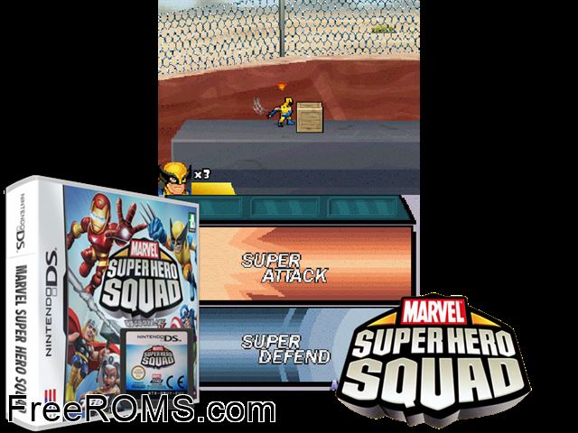 Marvel Super Hero Squad NDS game showing 3D box cover and gameplay screenshot