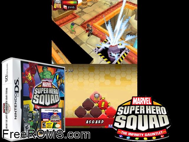 Marvel Super Hero Squad - The Infinity Gauntlet NDS game showing 3D box cover and gameplay screenshot