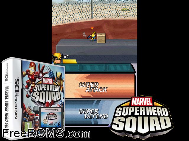 Marvel Super Hero Squad Europe NDS game showing 3D box cover and gameplay screenshot