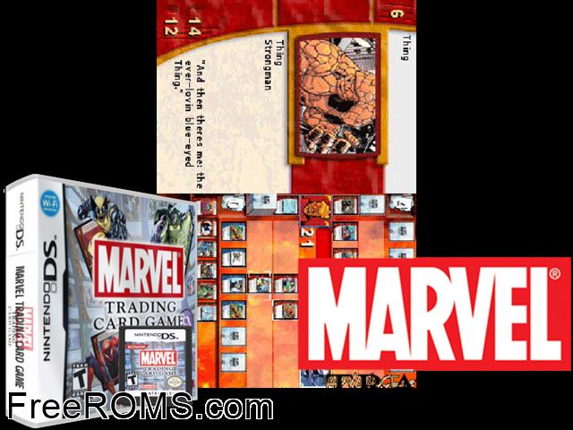 Marvel Trading Card Game Europe NDS game showing 3D box cover and gameplay screenshot