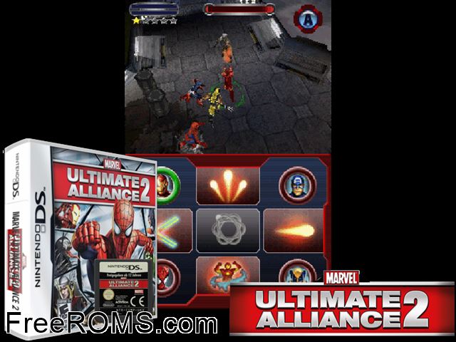 Marvel Ultimate Alliance 2 NDS game showing 3D box cover and gameplay screenshot