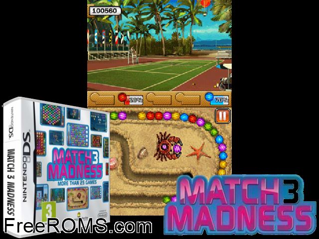 Match 3 Madness Europe NDS game showing 3D box cover and gameplay screenshot