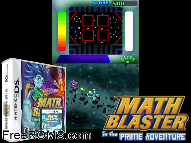 Math Blaster in the Prime Adventure NDS game showing 3D box cover and gameplay screenshot