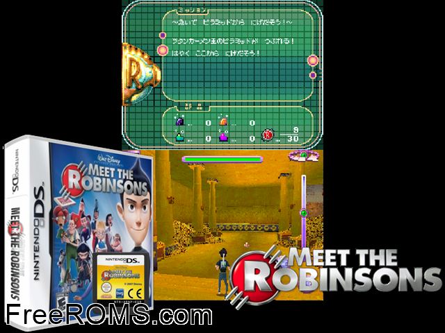 Meet the Robinsons NDS game showing 3D box cover and gameplay screenshot