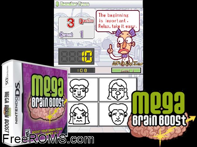 Mega Brain Boost NDS game showing 3D box cover and gameplay screenshot